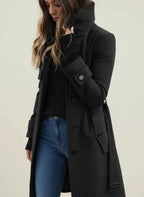 Women's Belted Stand Collar Button Front Long Sleeve Trench Coat Black