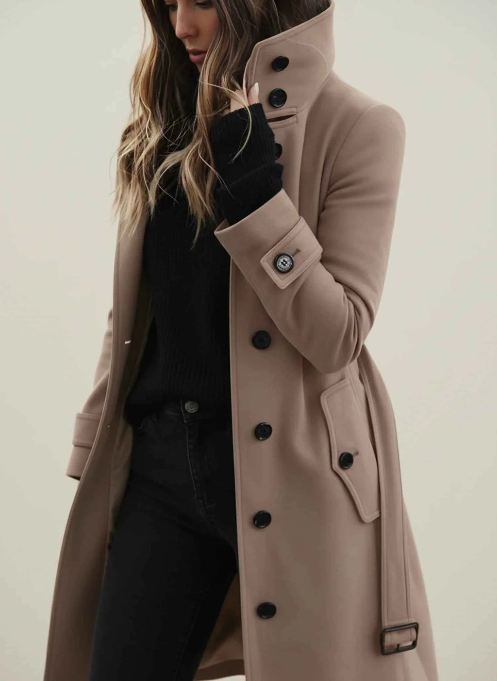 Women's Belted Stand Collar Button Front Long Sleeve Trench Coat Beige