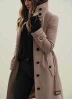 Women's Belted Stand Collar Button Front Long Sleeve Trench Coat Beige