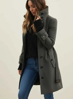 Women's Belted Stand Collar Button Front Long Sleeve Trench Coat Gray