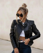 Women's Black Faux Leather Quilted Shoulder Slim Moto Jacket