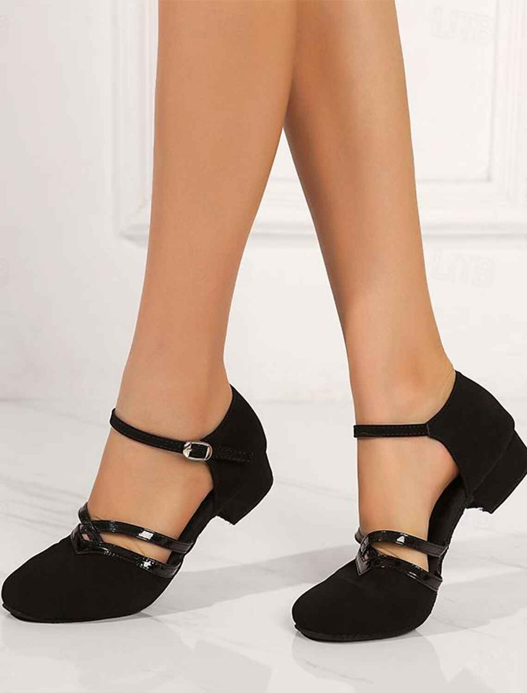 Women's Black Dance Shoes with Cross Straps and Low Block Heel Black