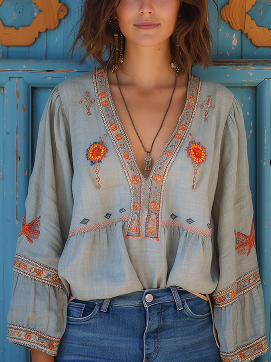 Women's Bohemian Embroidered V-Neck Blouse Light Blue