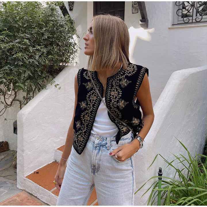 Women's Bohemian Style Embroidered Open Vest with Elegant Details