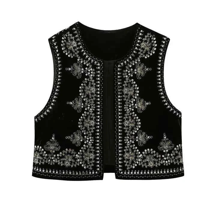 Women's Bohemian Style Embroidered Open Vest with Elegant Details