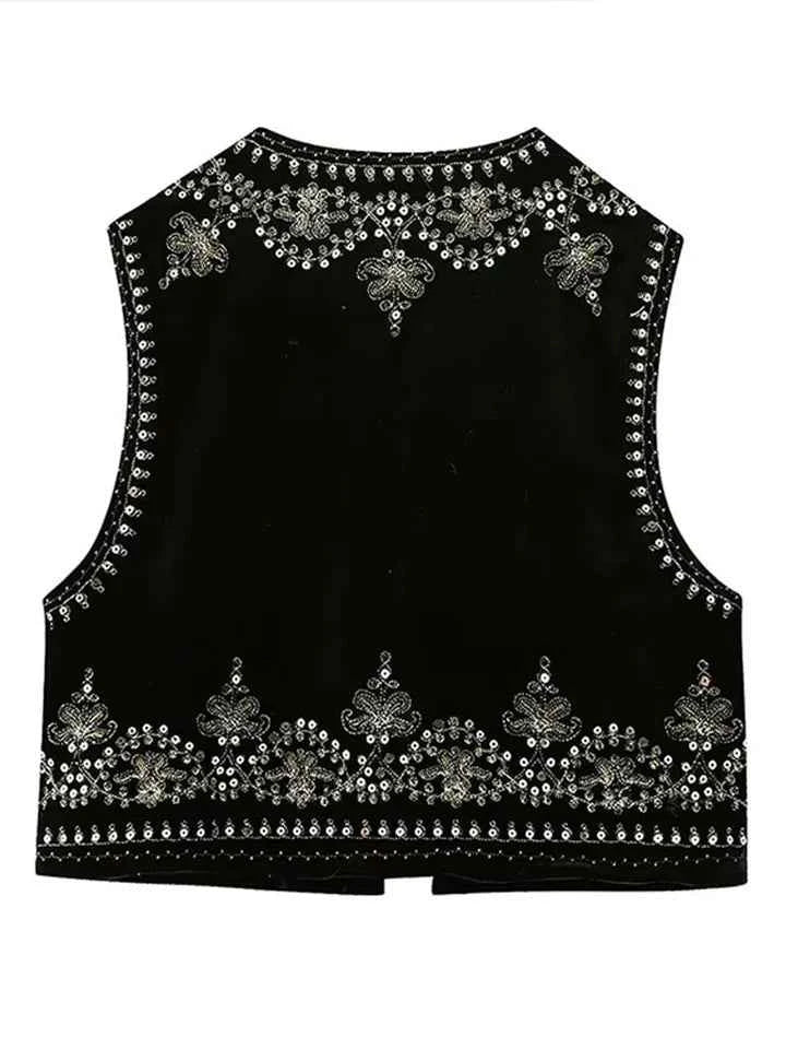 Women's Bohemian Style Embroidered Open Vest with Elegant Details