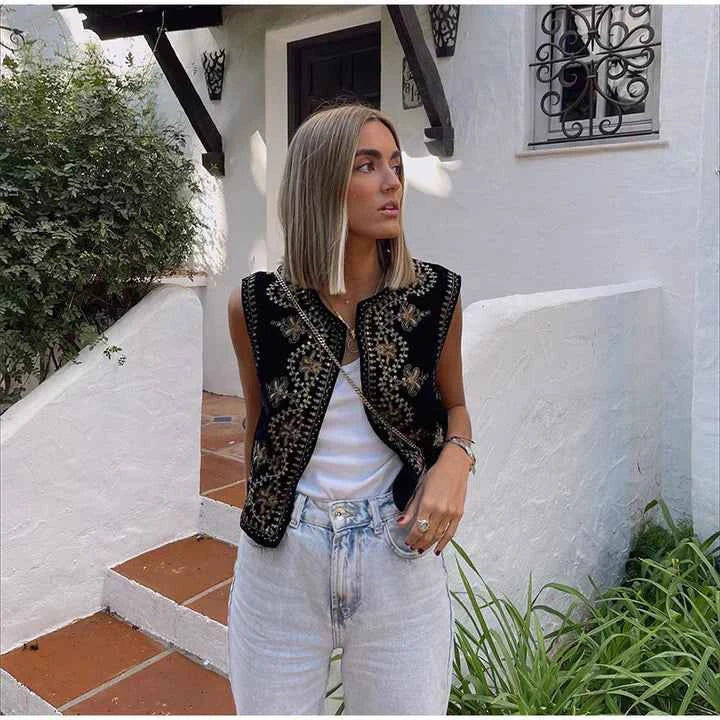 Women's Bohemian Style Embroidered Open Vest with Elegant Details Black Gold