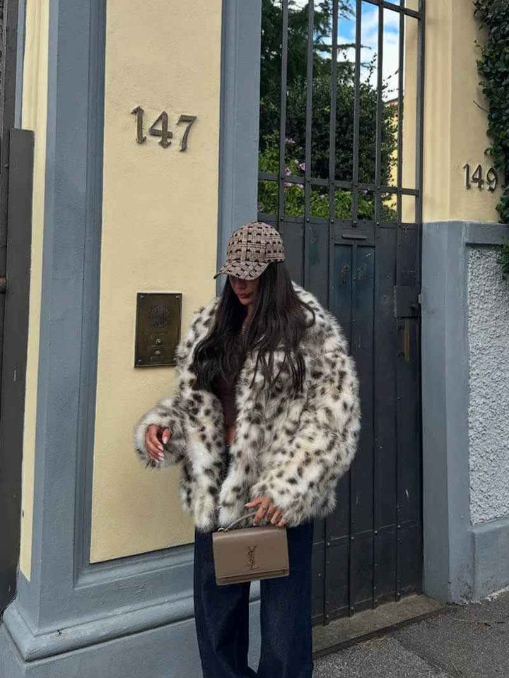 Women's Bold Leopard Pattern Velvet Fur Coat – Statement Outerwear
