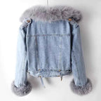 Women's Denim Faux Fur Oversized Collar Cuffs Zipper Solid Jacket