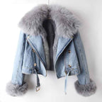 Women's Denim Faux Fur Oversized Collar Cuffs Zipper Solid Jacket Sky Blue