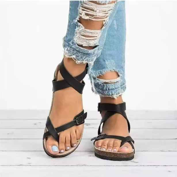 Women's Buckle Closure Flat Sandals with Cork Insole Black with long strap
