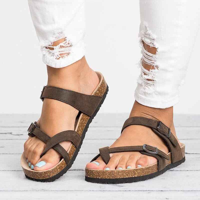 Women's Buckle Closure Flat Sandals with Cork Insole Brown with long strap