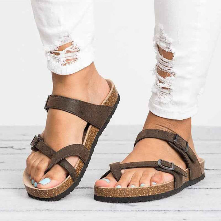 Women's Buckle Closure Flat Sandals with Cork Insole Brown with long strap