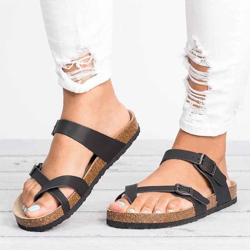 Women's Buckle Closure Flat Sandals with Cork Insole
