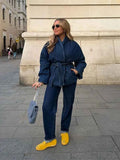 Women's Denim V-neck Solid Jacket Winter Essential Outerwear Blue