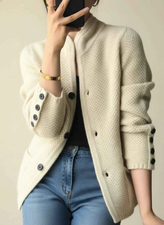 Women's Button Front Crew Neck Patch Pocket Knit Cardigan Off White One size