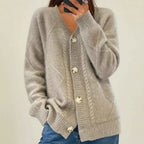 Women's Knit Cable Knit Button Front V Neck Long Sleeve Pink Cardigan Grey