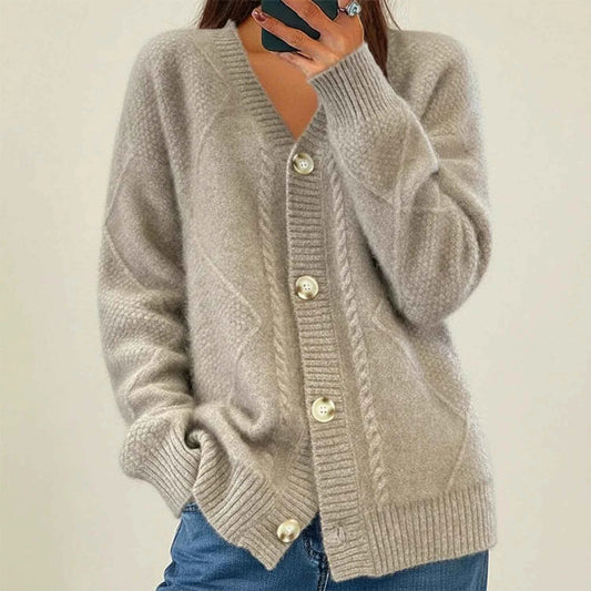 Women's Knit Cable Knit Button Front V Neck Long Sleeve Pink Cardigan Grey