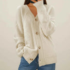 Women's Knit Cable Knit Button Front V Neck Long Sleeve Pink Cardigan Beige
