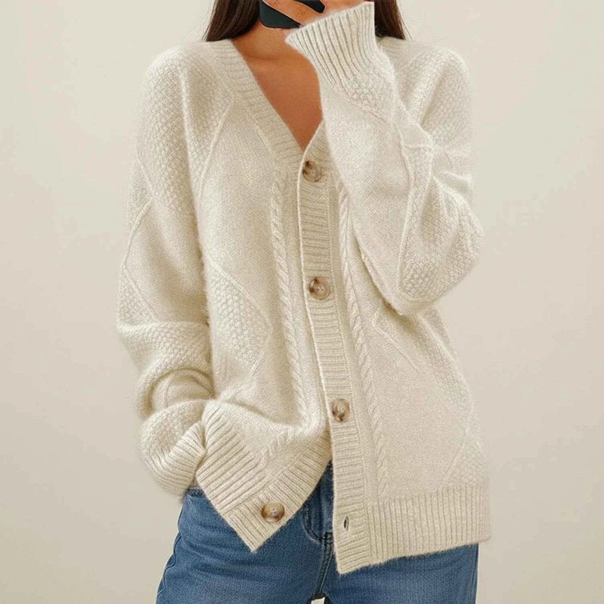 Women's Knit Cable Knit Button Front V Neck Long Sleeve Pink Cardigan Beige