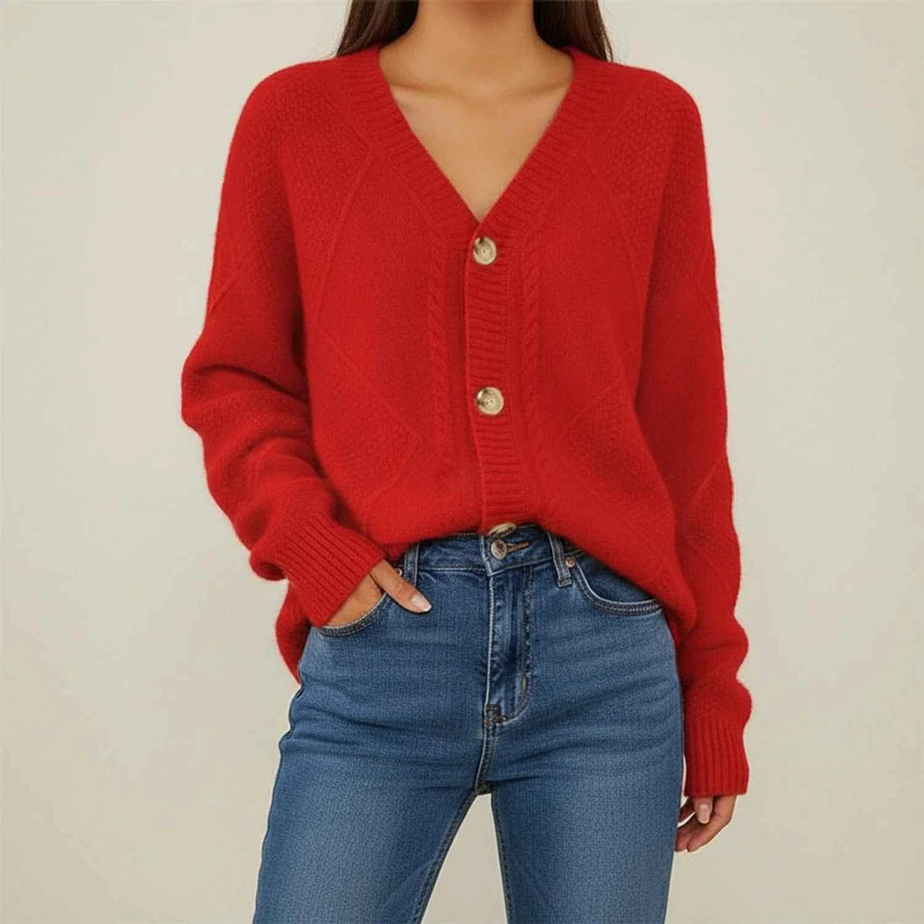 Women's Knit Cable Knit Button Front V Neck Long Sleeve Pink Cardigan Red
