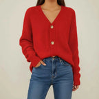 Women's Knit Cable Knit Button Front V Neck Long Sleeve Pink Cardigan Red