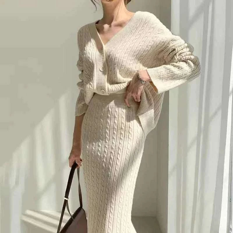 Women's Cable Knit Cardigan and Midi Skirt Set – V-Neck – Comfortable Fit