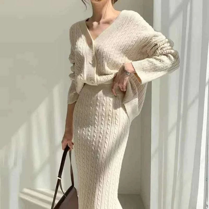 Women's Cable Knit Cardigan and Midi Skirt Set – V-Neck – Comfortable Fit