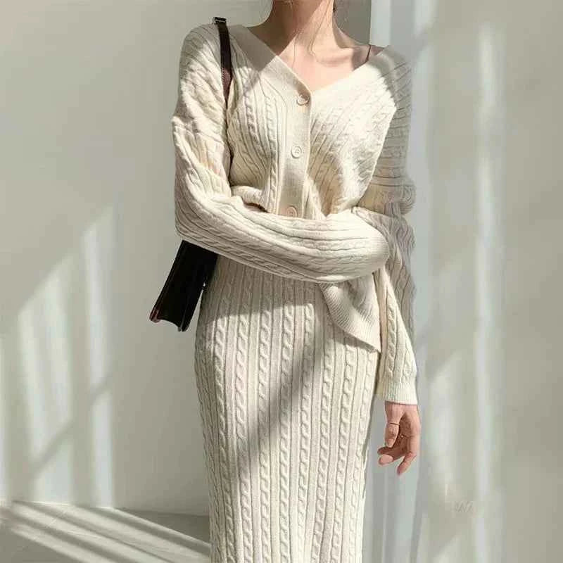Women's Cable Knit Cardigan and Midi Skirt Set – V-Neck – Comfortable Fit