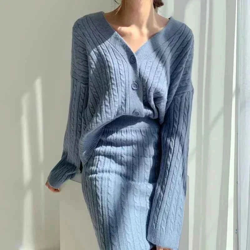 Women's Cable Knit Cardigan and Midi Skirt Set – V-Neck – Comfortable Fit Blue