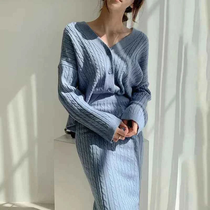 Women's Cable Knit Cardigan and Midi Skirt Set – V-Neck – Comfortable Fit