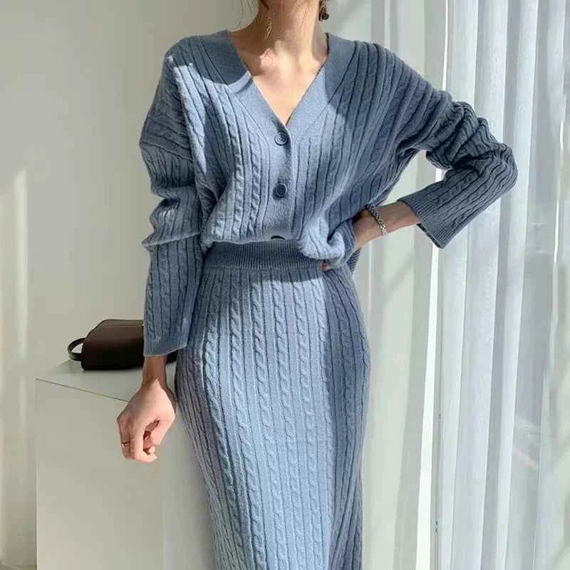 Women's Cable Knit Cardigan and Midi Skirt Set – V-Neck – Comfortable Fit