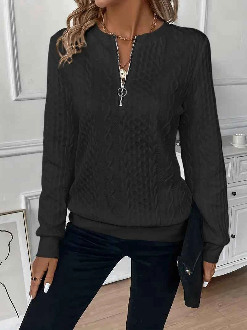 Women's Cable Knit Sweater - Round Neck, Long Sleeve, Zipper Detail