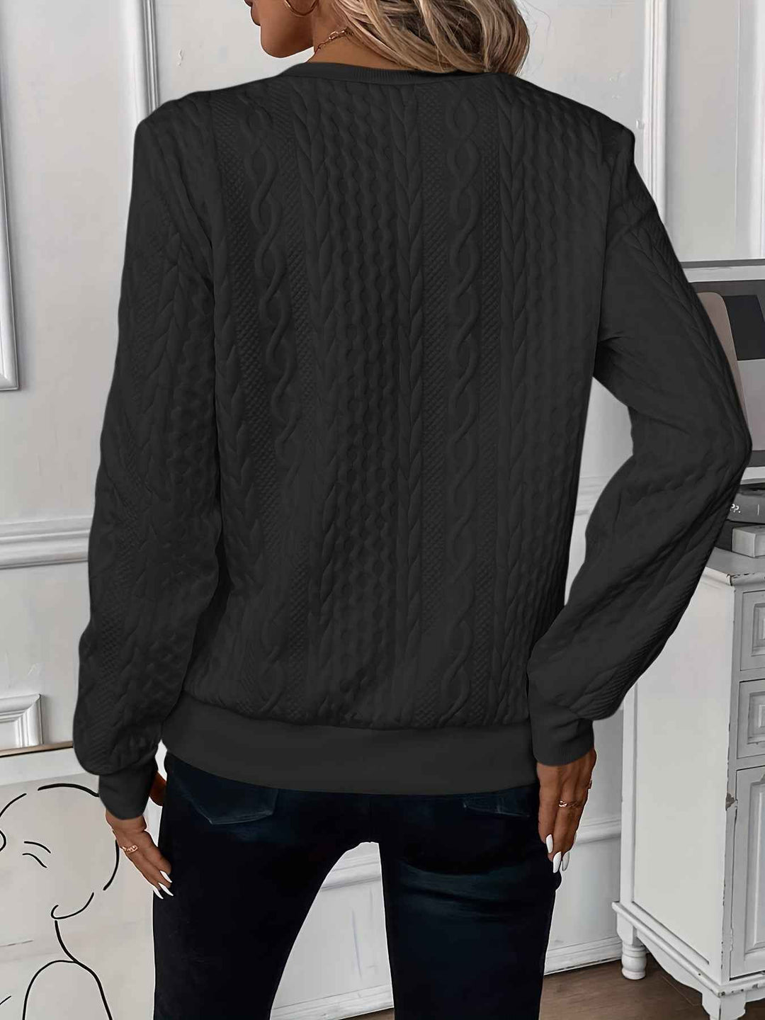 Women's Cable Knit Sweater - Round Neck, Long Sleeve, Zipper Detail