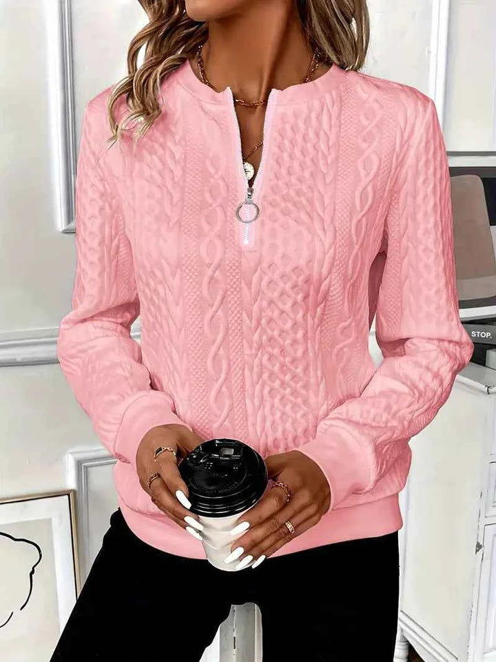 Women's Cable Knit Sweater - Round Neck, Long Sleeve, Zipper Detail