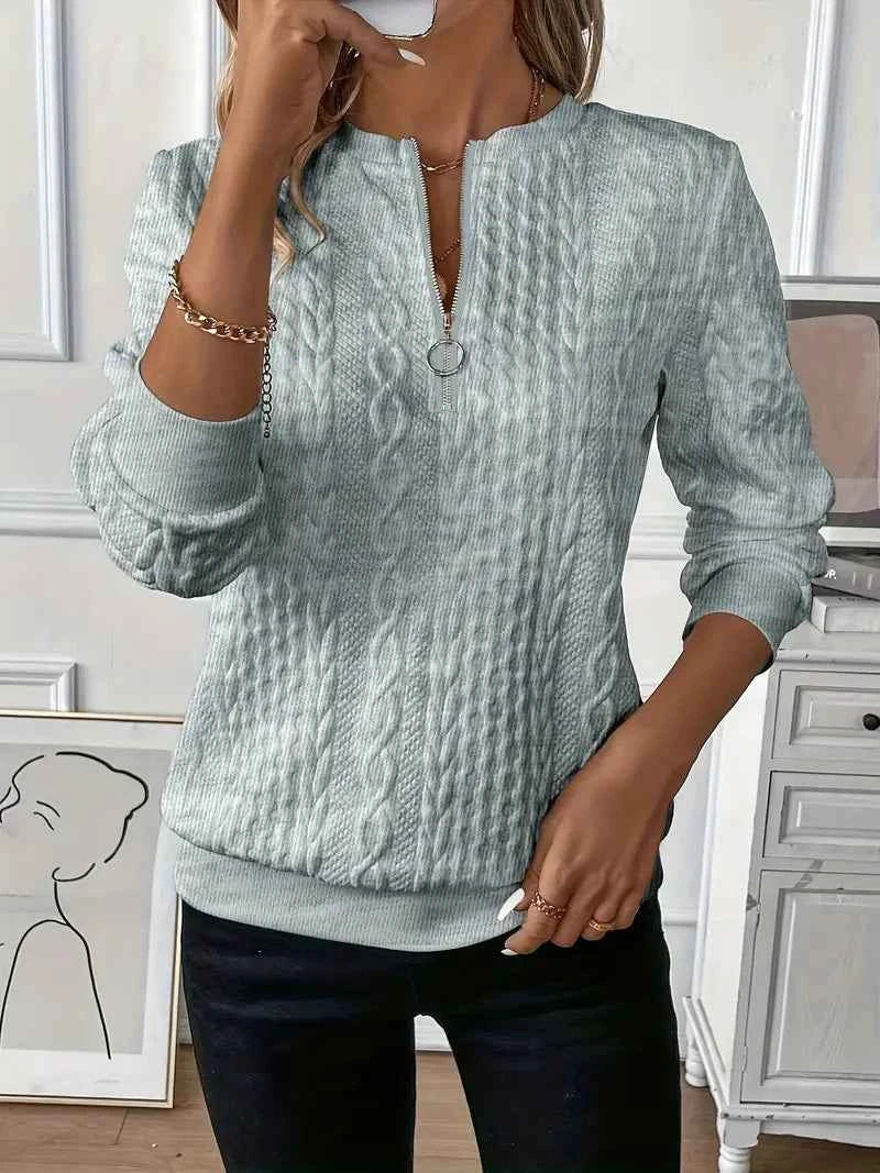 Women's Cable Knit Sweater - Round Neck, Long Sleeve, Zipper Detail Grey