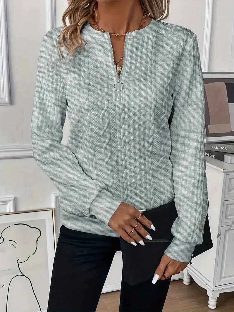 Women's Cable Knit Sweater - Round Neck, Long Sleeve, Zipper Detail