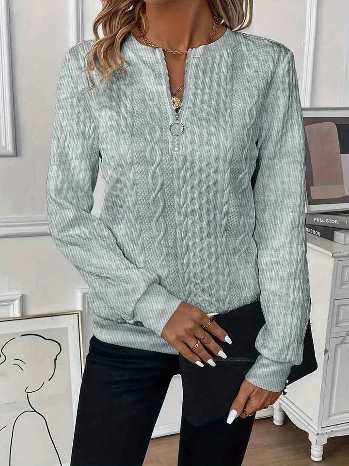 Women's Cable Knit Sweater - Round Neck, Long Sleeve, Zipper Detail