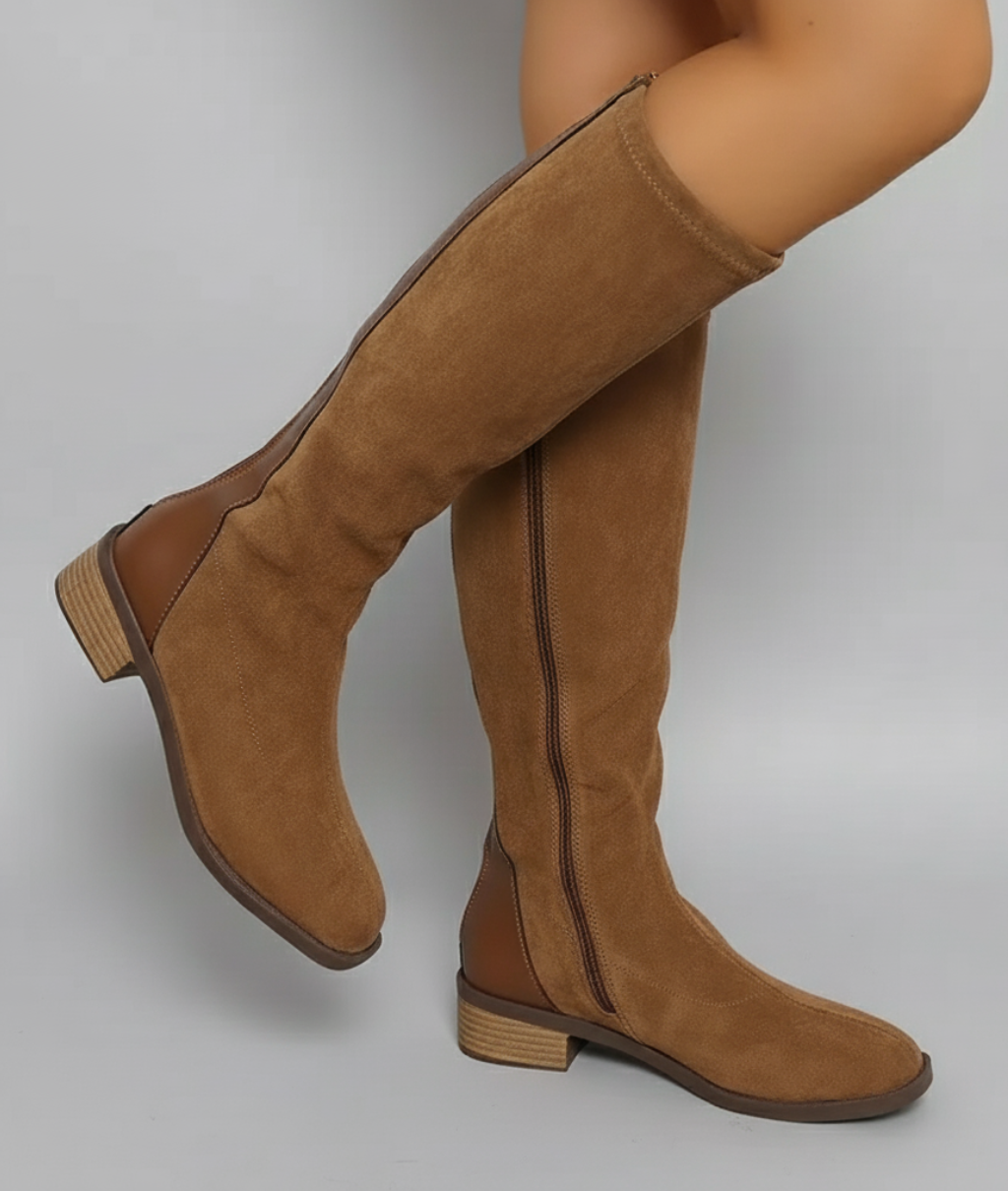 Women’s Knee-High Boots – Classic Suede Block Heel Design Light Brown