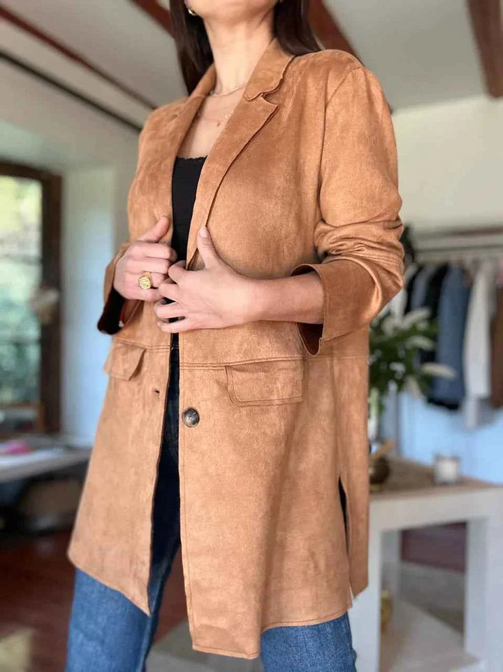 Women's Camel Suede Blazer - Tailored Coat with Buttons and Pockets Brown