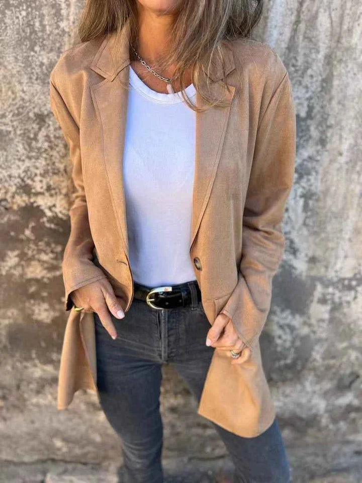 Women's Camel Suede Blazer - Tailored Coat with Buttons and Pockets