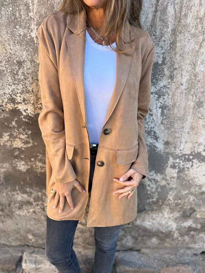 Women's Camel Suede Blazer - Tailored Coat with Buttons and Pockets Khaki