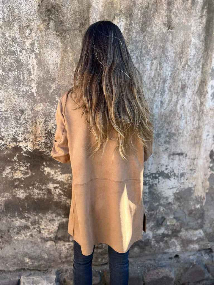 Women's Camel Suede Blazer - Tailored Coat with Buttons and Pockets