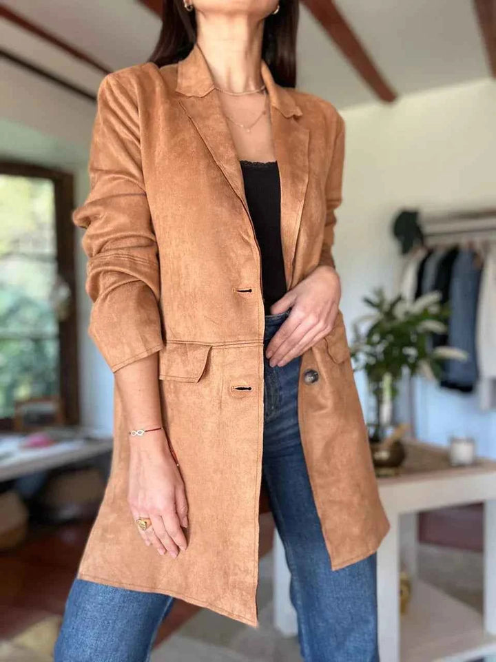 Women's Camel Suede Blazer - Tailored Coat with Buttons and Pockets