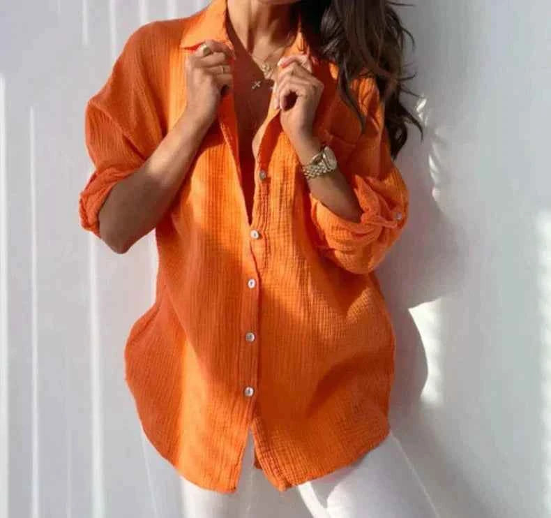 Women's Casual Blouse - Relaxed Fit - Long Sleeves - Natural Fibers - Button Closure Orange