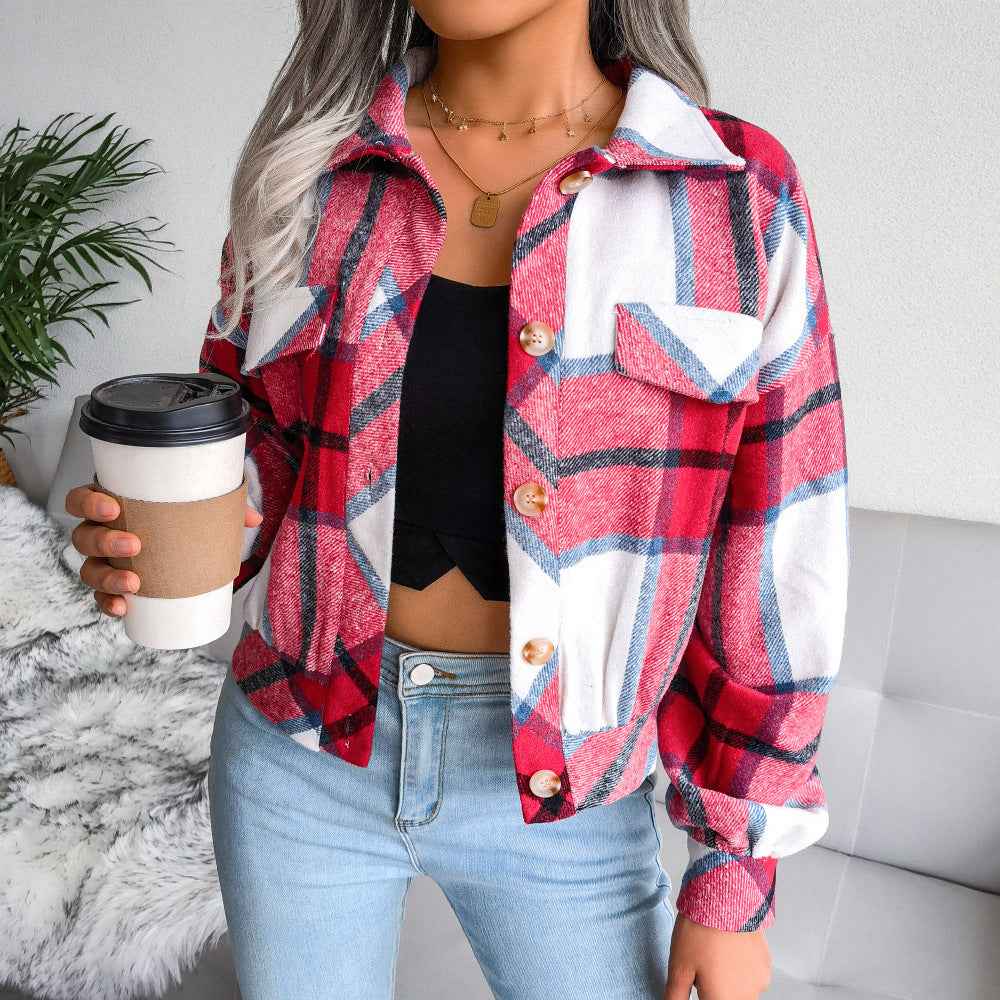 Women's Casual Checked Cropped Jacket with Lapels, Buttons, and Long Sleeves Yellow