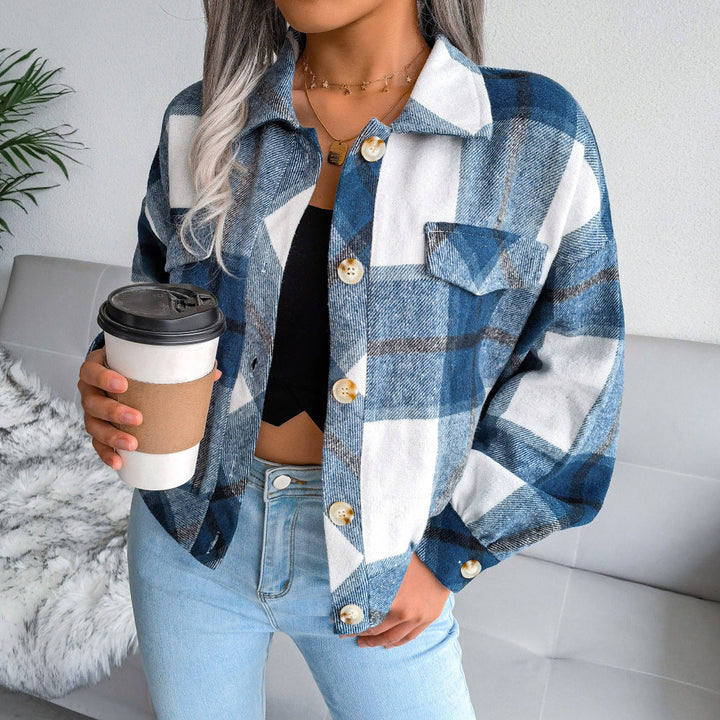 Women's Casual Checked Cropped Jacket with Lapels, Buttons, and Long Sleeves Blue