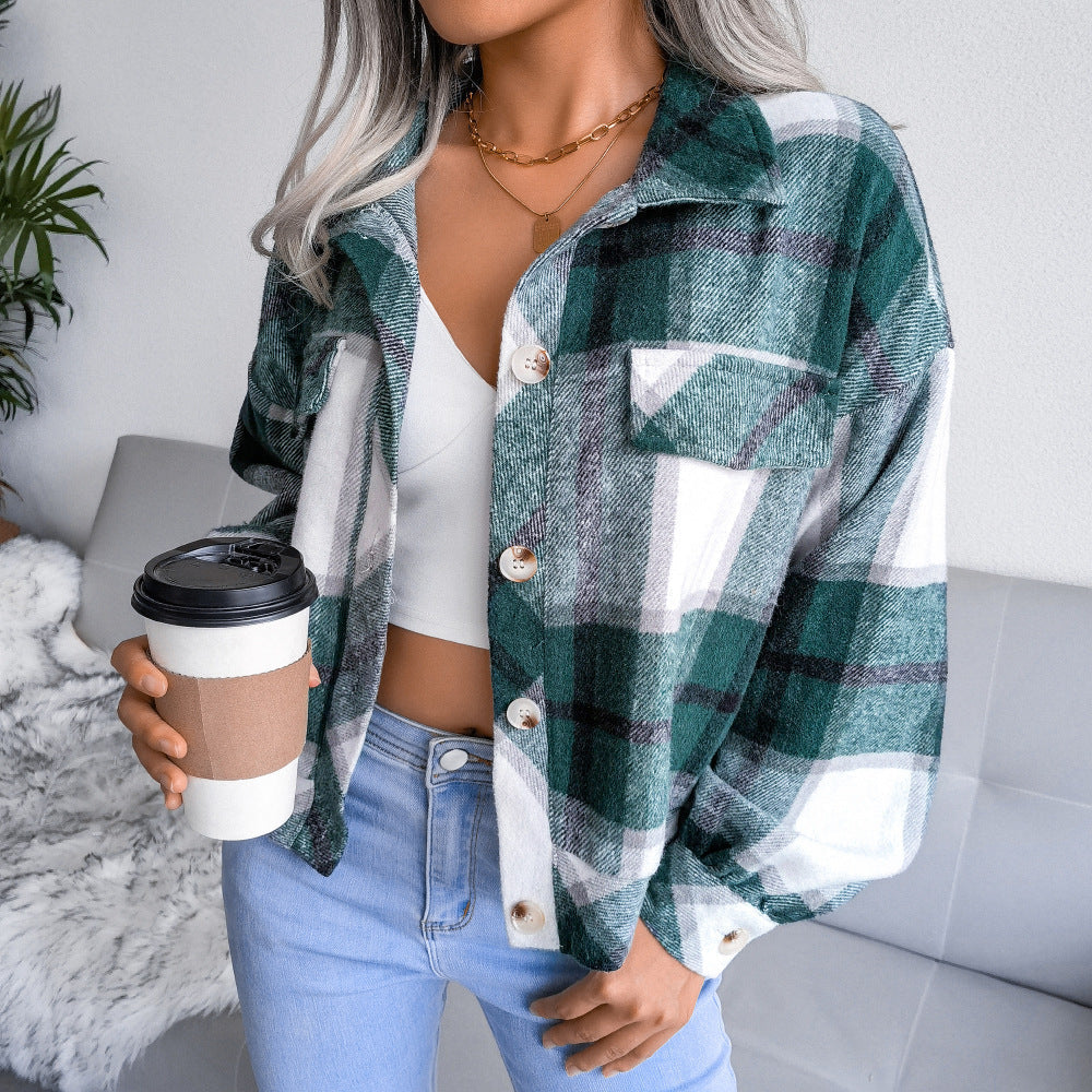 Women's Casual Checked Cropped Jacket with Lapels, Buttons, and Long Sleeves Green