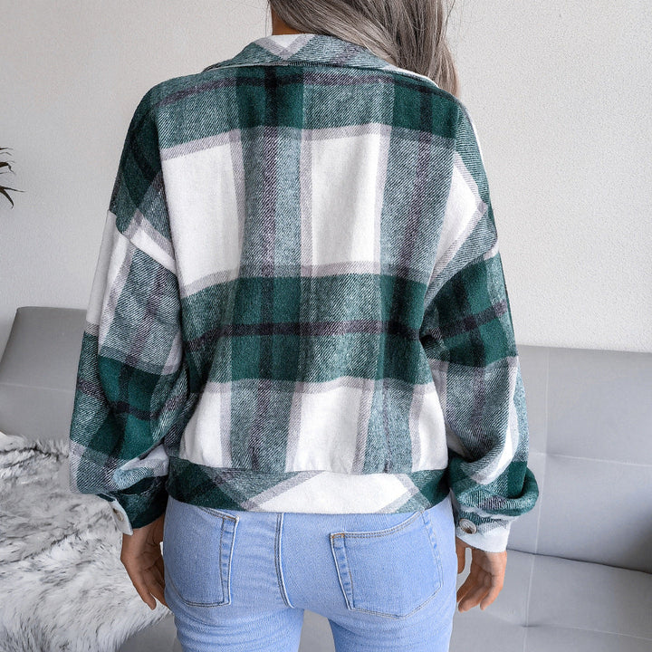 Women's Casual Checked Cropped Jacket with Lapels, Buttons, and Long Sleeves