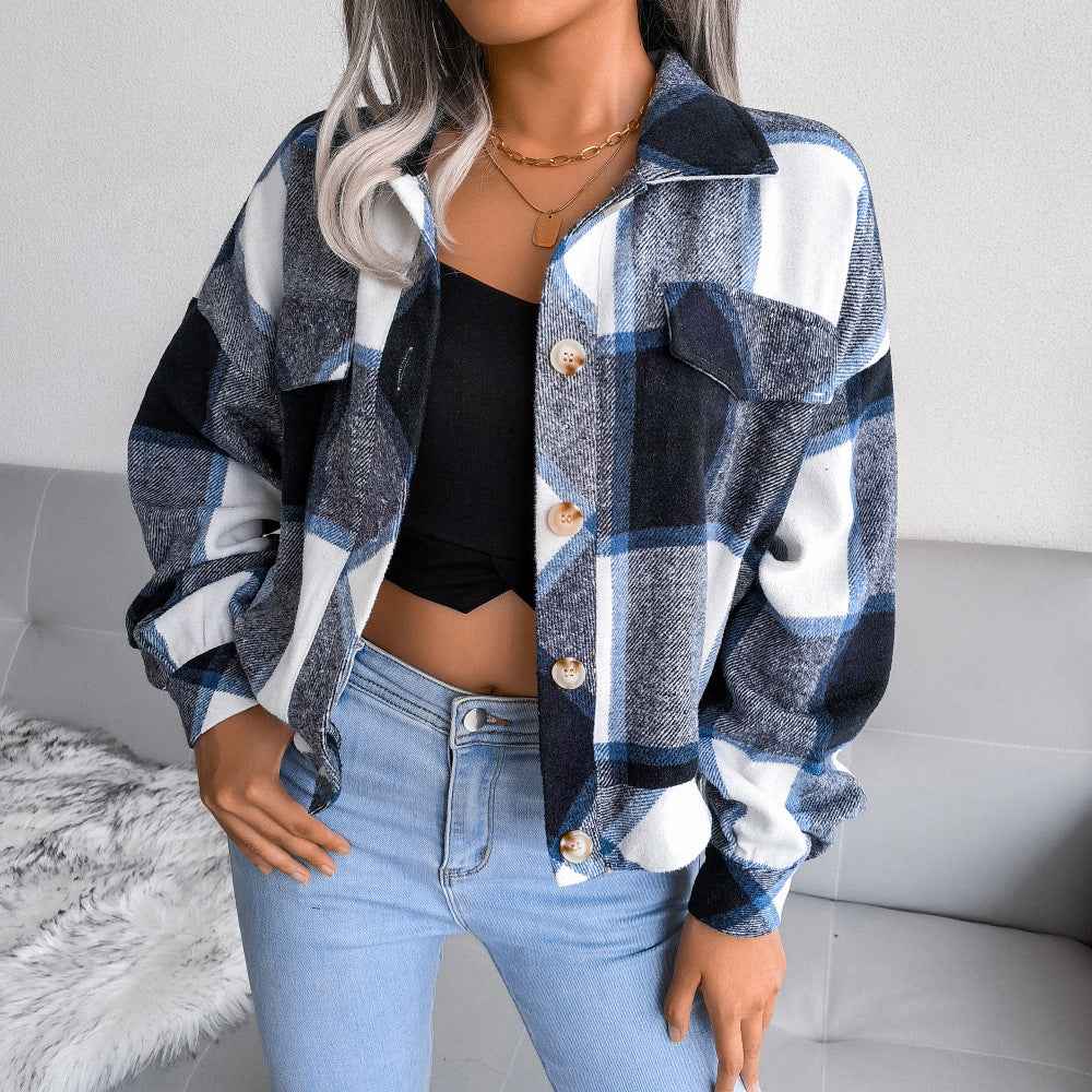 Women's Casual Checked Cropped Jacket with Lapels, Buttons, and Long Sleeves White